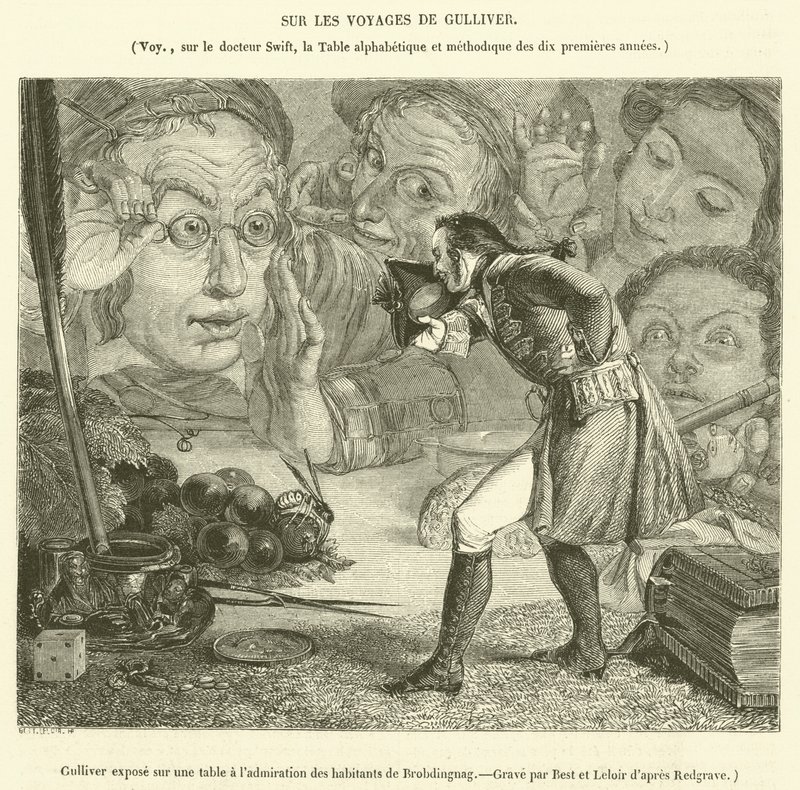 Gulliver expuesto sobre una mesa a la admiración de los habitantes de Brobdingnag de French School