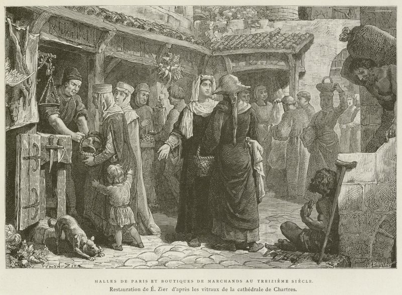 Mercados de París y tiendas de comerciantes en el siglo XIII de French School