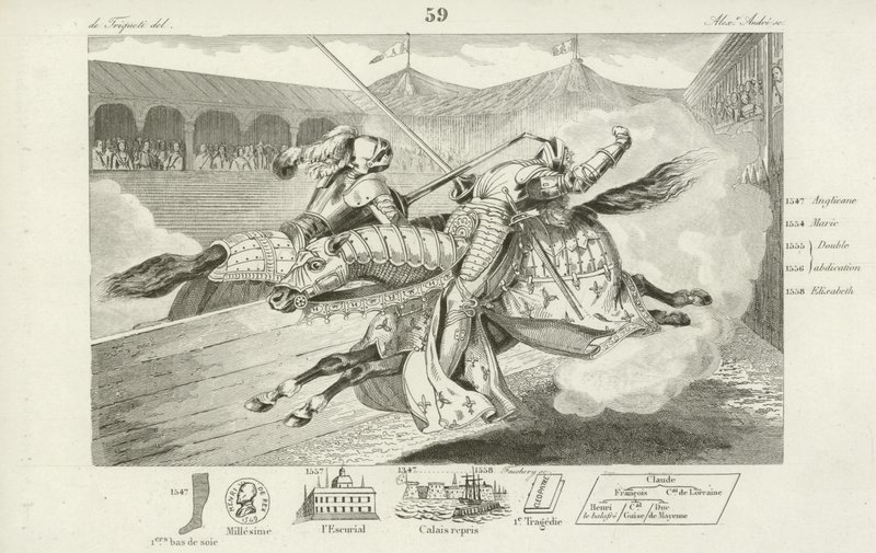 Enrique II de Francia mortalmente herido en una justa con Gabriel Montgomery, capitán de la guardia escocesa del rey, 1559 de French School