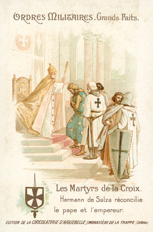 Hermann von Salza, Gran Maestre de los Caballeros Teutónicos, logra una reconciliación entre el Papa Gregorio IX y el Emperador Federico II de French School