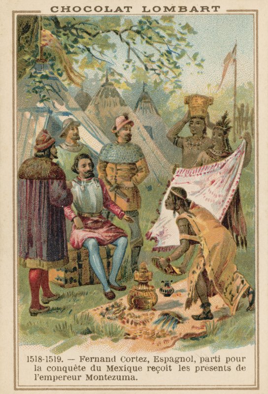 Hernán Cortés, conquistador español, recibiendo regalos del emperador azteca Moctezuma, México, 1518-1519 de French School