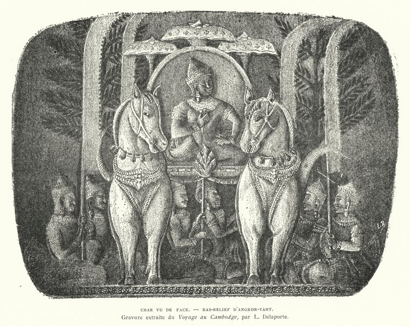 Carro tirado por caballos, bajorrelieve del templo de Angkor Wat, Camboya de French School