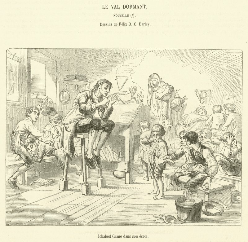Ichabod Crane en su escuela (grabado) de French School