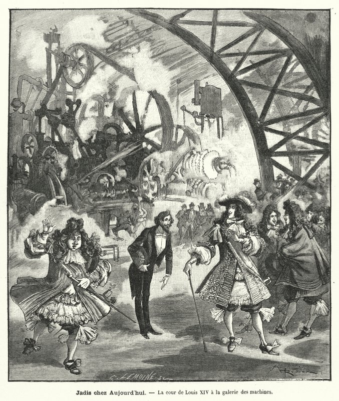 Visita imaginada del Rey Luis XIV y su corte al Pabellón de Máquinas en la Exposición Universal de París en 1889 de French School
