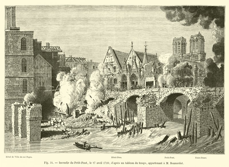 Incendio del Petit-Pont, el 27 de abril de 1718; según una pintura de la época, perteneciente a M Bonnardot de French School