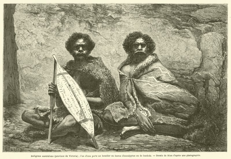Indígenas australianos (provincia de Victoria); uno de ellos lleva un escudo de corteza de eucalipto o banksia de French School