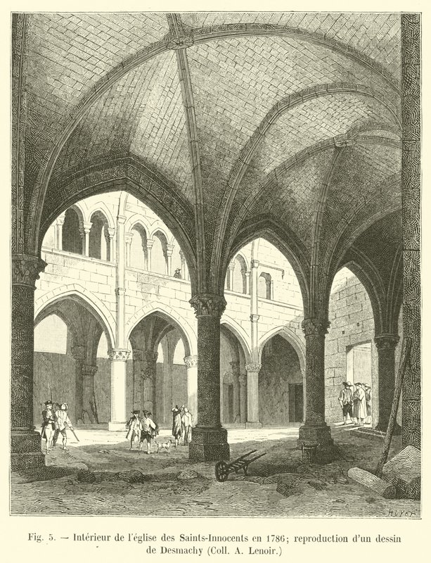 Interior de la iglesia de los Santos Inocentes en 1786; reproducción de un dibujo de Desmachy, Coll A Lenoir de French School