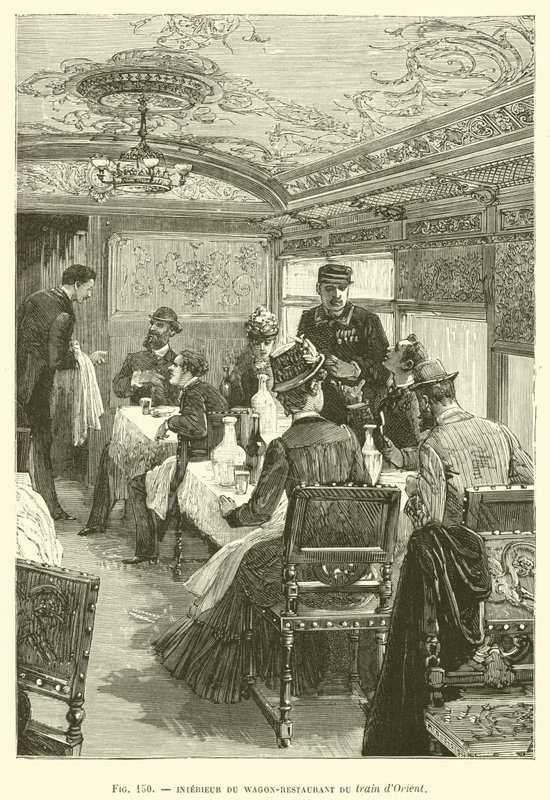 Interior del Vagón-Restaurante del tren de Oriente (grabado) de French School