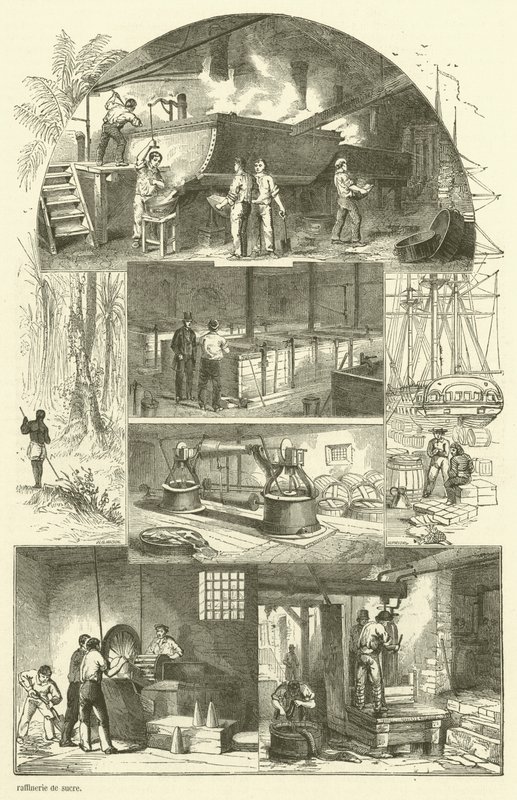 Interior de una refinería de azúcar (grabado) de French School