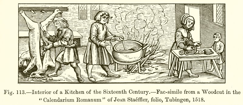 Interior de una cocina del siglo XVI de French School