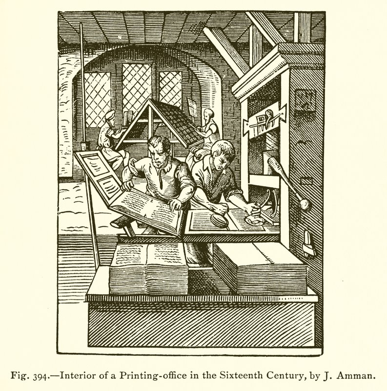 Interior de una imprenta en el siglo XVI de French School