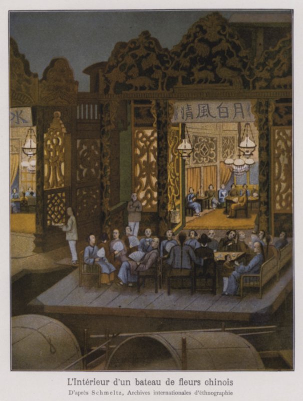 Interior de un barco de flores, un barco de recreo chino (litografía en color) de French School