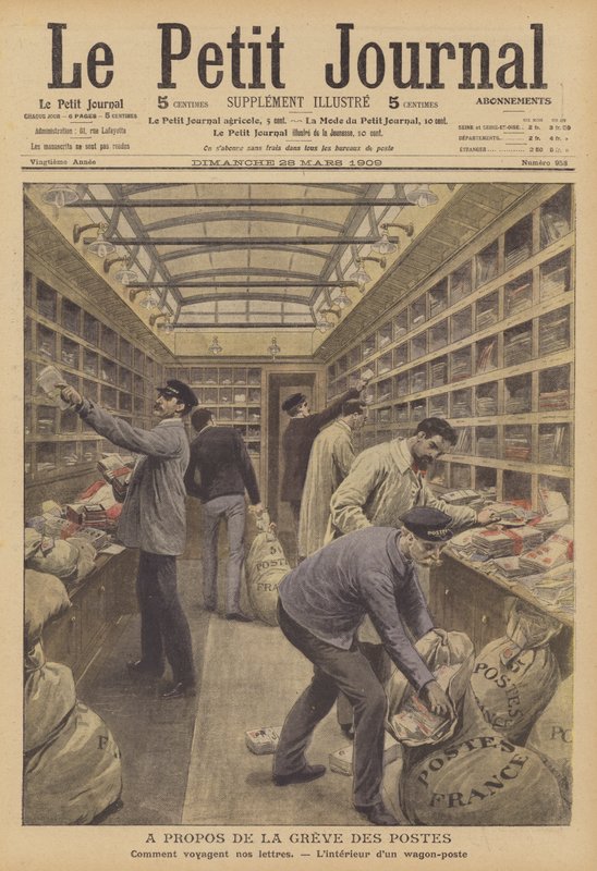 Interior de un vagón de correo en un tren francés de French School