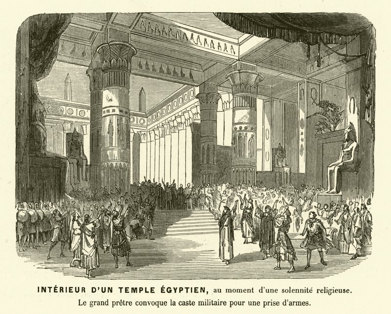Interior de un templo egipcio antiguo durante un servicio de French School