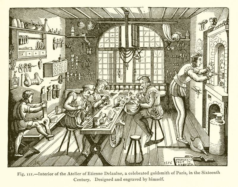 Interior del taller de Etienne Delaulne, un célebre orfebre de París, en el siglo XVI de French School