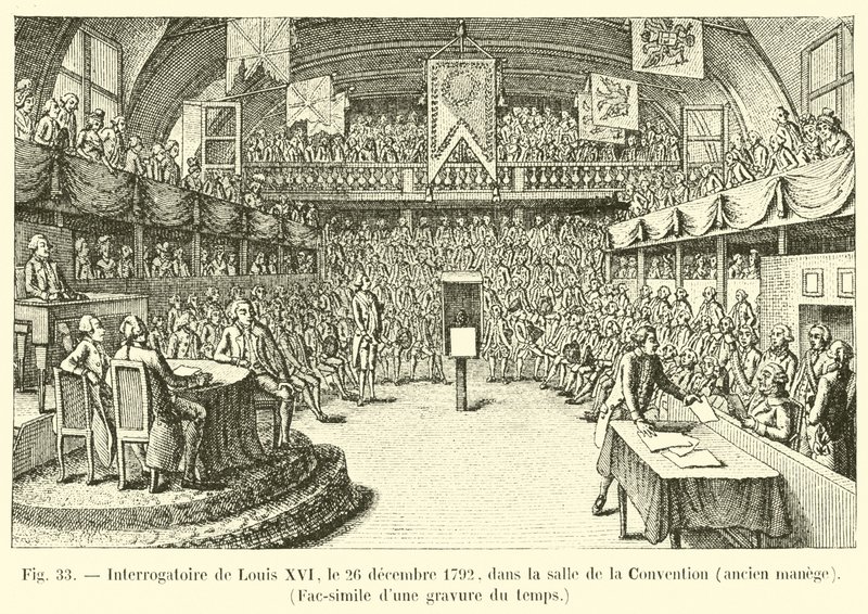 Interrogatorio de Luis XVI, el 26 de diciembre de 1792, en la sala de la Convención, antiguo picadero, facsímil de un grabado de la época de French School