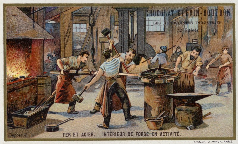 Hierro y acero. Interior de una herrería ocupada de French School