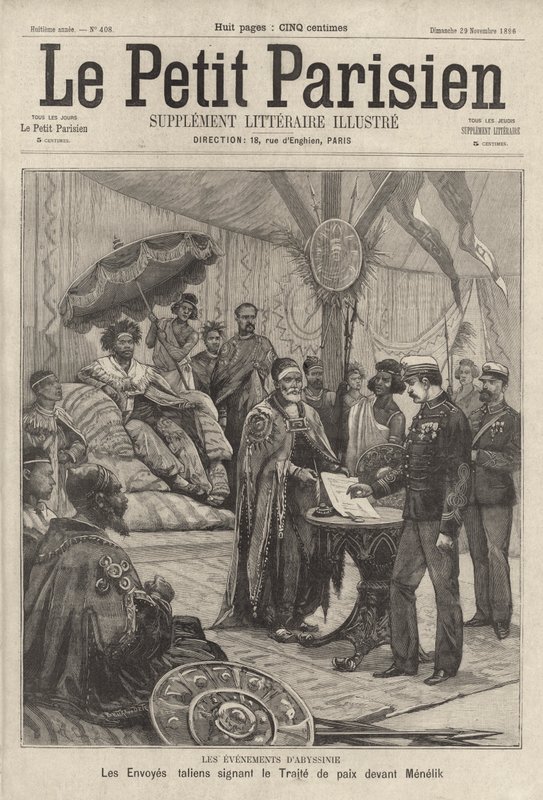 Enviados italianos firmando el tratado de paz para poner fin a la Primera Guerra Italo-Etíope ante el emperador Menelik II de Etiopía de French School