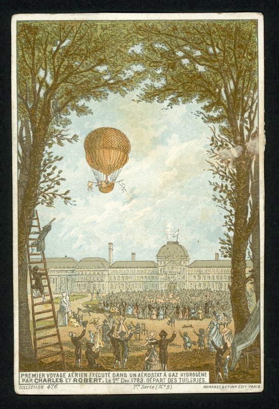 Jacques Charles y Marie-Noel Robert haciendo el primer ascenso en un globo de hidrógeno, París, 1 de diciembre de 1783 de French School