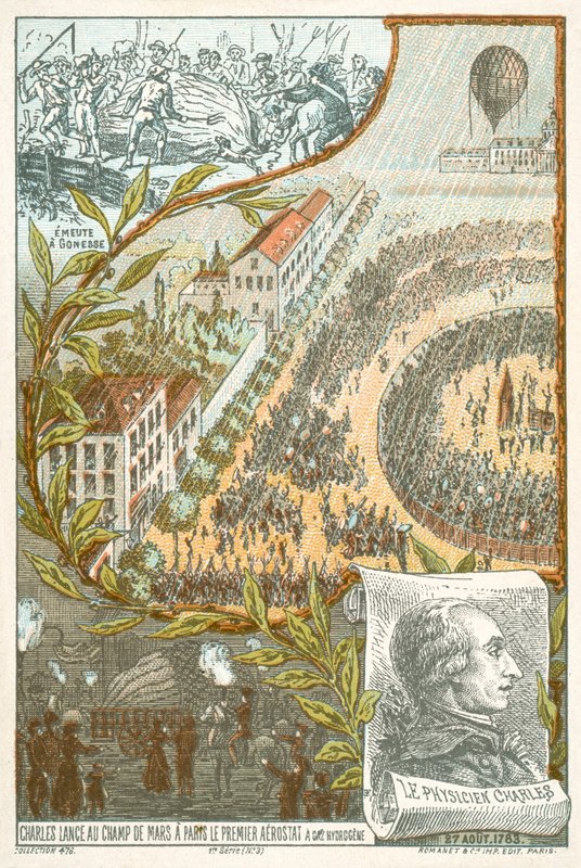 Jacques Charles lanzando el primer globo de hidrógeno desde el Campo de Marte, París, 27 de agosto de French School