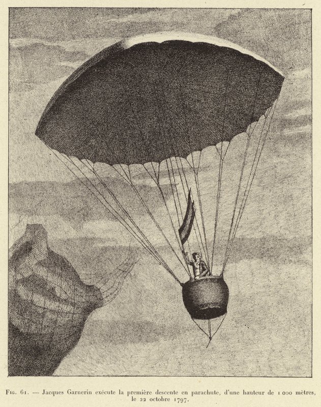 Jacques Garnerin realiza el primer descenso en paracaídas, desde una altura de 1000 metros, el 22 de octubre de 1797 de French School