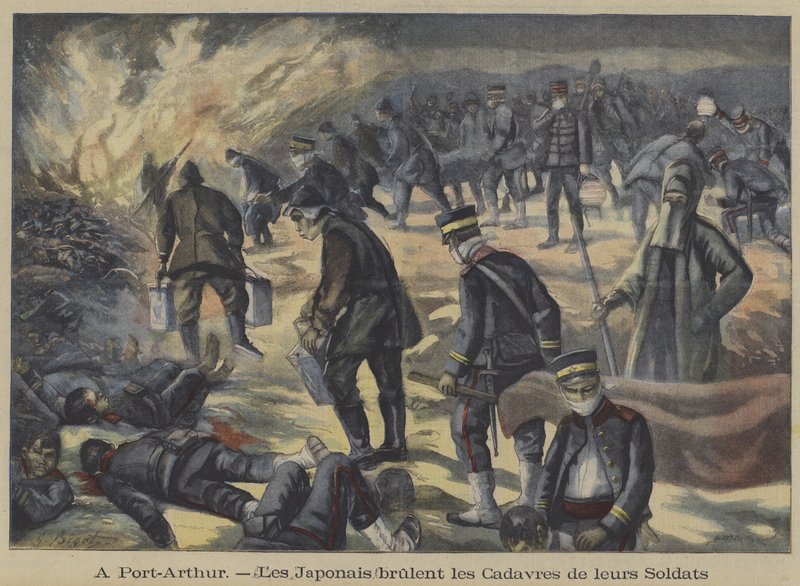 Soldados japoneses quemando los cuerpos de sus camaradas muertos en el Sitio de Port Arthur, Guerra Ruso-Japonesa de French School