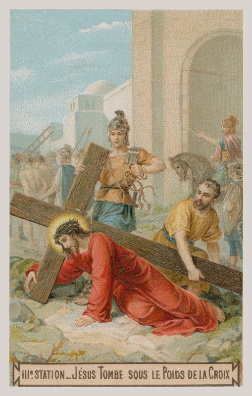 Jesús cae por primera vez bajo el peso de la cruz. La tercera estación de la cruz de French School