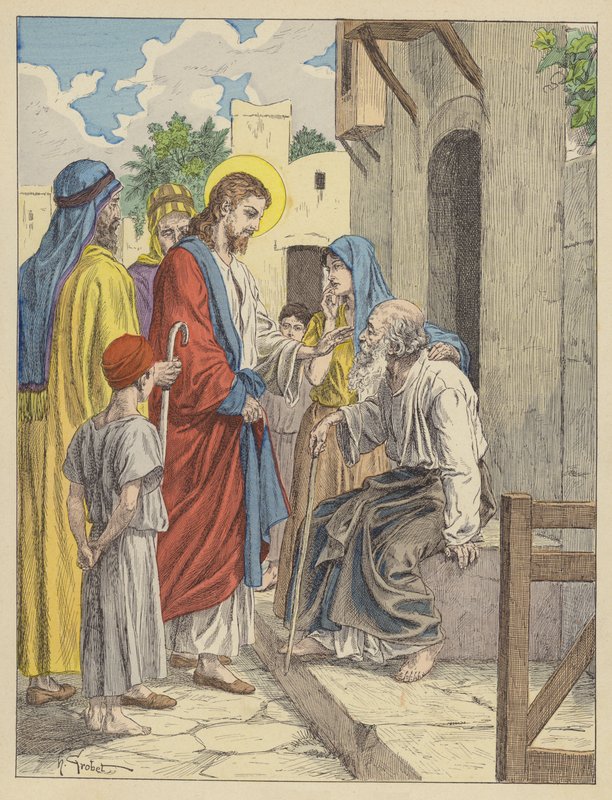Jesús cura al ciego (litografía en color) de French School