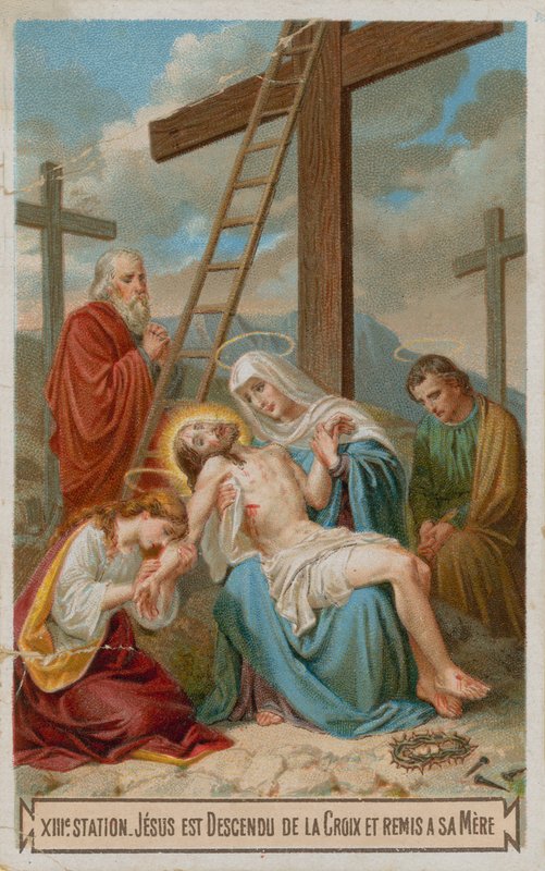 Jesús es bajado de la cruz y devuelto a su madre. La decimotercera estación de la cruz de French School