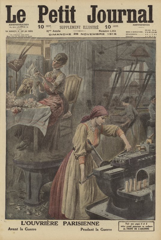 Trabajos de las obreras parisinas antes y durante la Primera Guerra Mundial (litografía en color) de French School