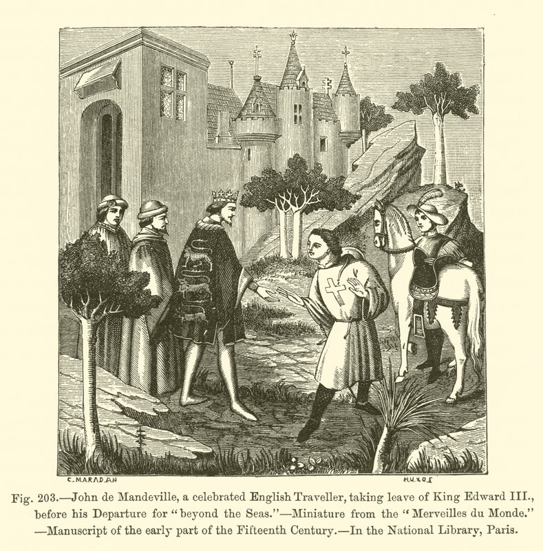 John de Mandeville, un célebre viajero inglés, despidiéndose del Rey Eduardo III antes de su partida "más allá de los mares" (grabado) de French School