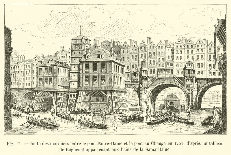 Justa de los marineros entre el puente Notre-Dame y el puente au Change en 1751, según un cuadro de Raguenet perteneciente a los baños de la Samaritana de French School