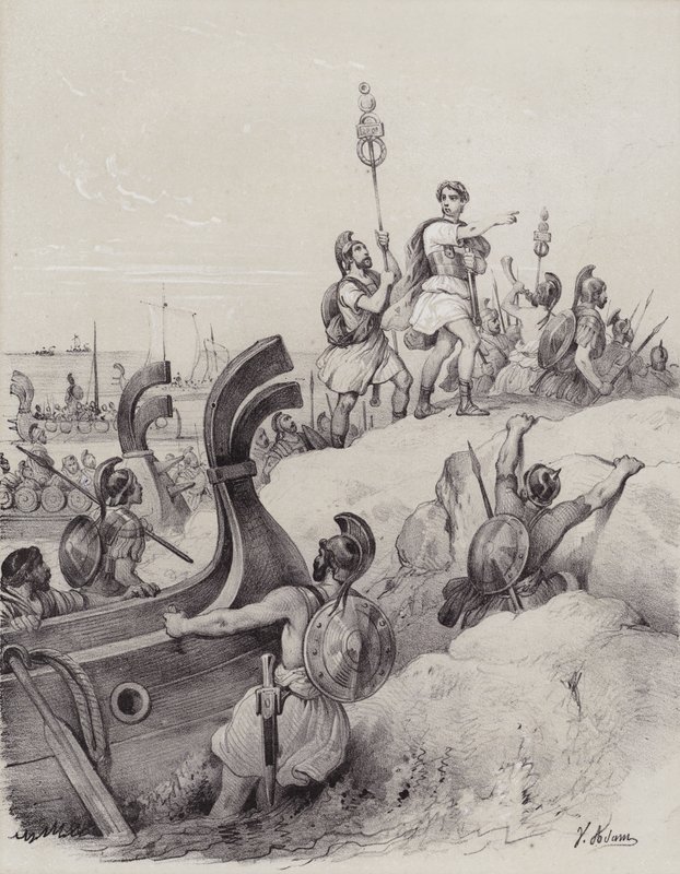 Julio César y los romanos desembarcando en Kent en su primera invasión de Gran Bretaña, 55 a.C. de French School