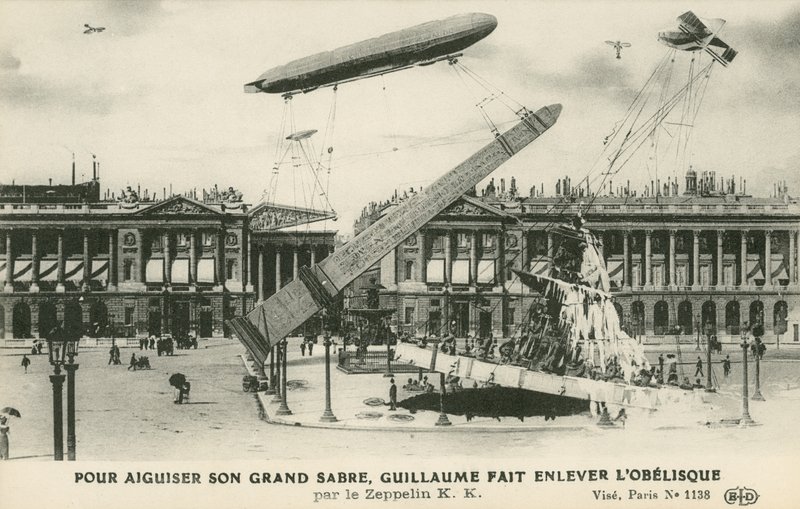 El Kaiser Guillermo II imaginado removiendo el obelisco de París en un Zeppelin de French School
