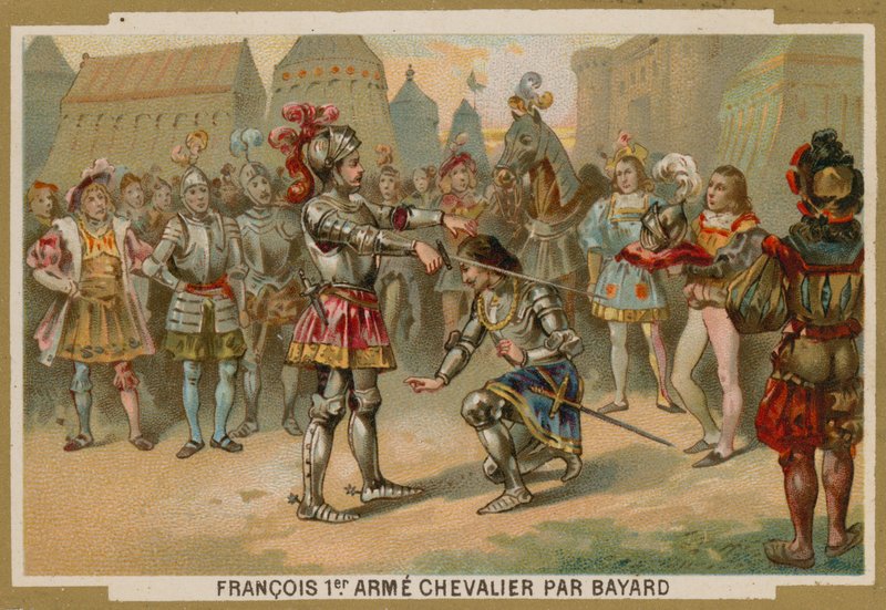 El rey Carlos I de Francia armado caballero por Chevalier de Bayard después de la Batalla de Marignano, 1515 de French School