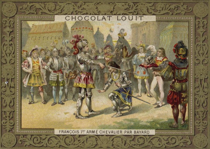 El rey Carlos I de Francia nombrado caballero por Chevalier de Bayard después de la Batalla de Marignano, 1515 de French School