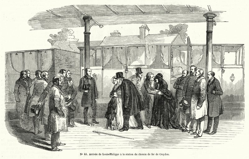 El rey Luis Felipe de Francia llegando a la estación de tren de Croydon después de ser forzado al exilio, febrero de 1848 de French School