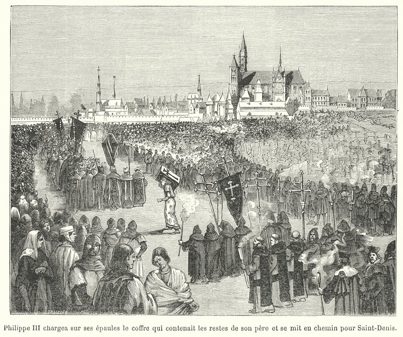 El rey Felipe III de Francia llevando los huesos de su padre, Luis IX, a su entierro en la Basílica de St Denis, París de French School