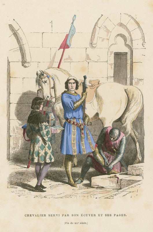 Caballero atendido por su escudero y paje, finales del siglo XII de French School