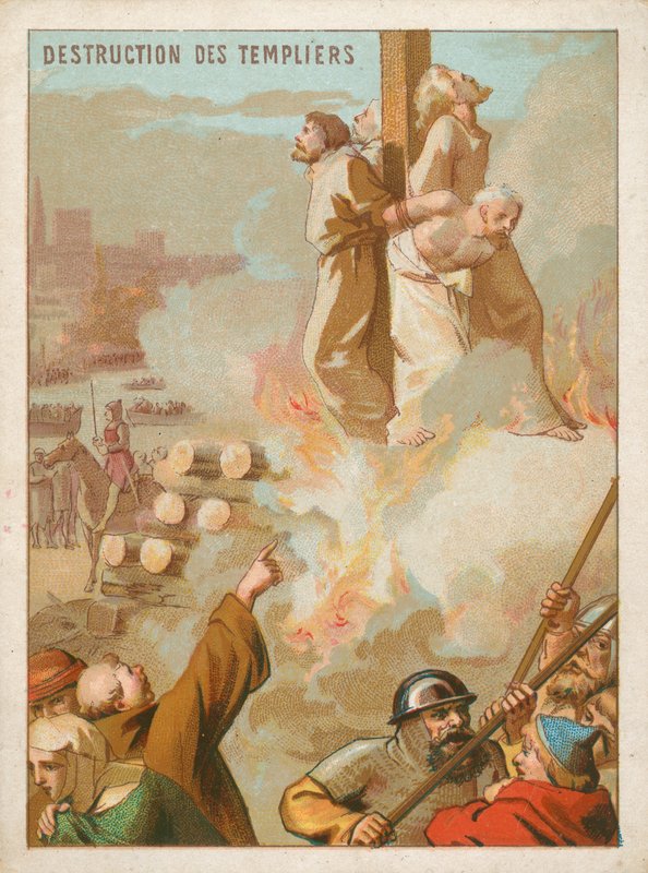 Caballeros Templarios siendo quemados en la hoguera en Francia de French School