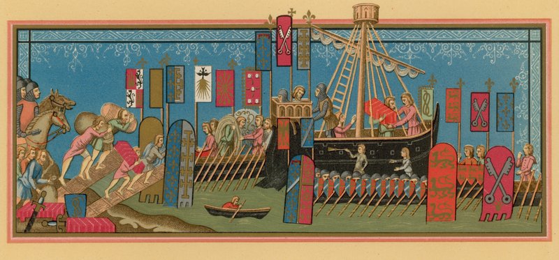 Caballeros del Espíritu Santo embarcando para las Cruzadas de French School