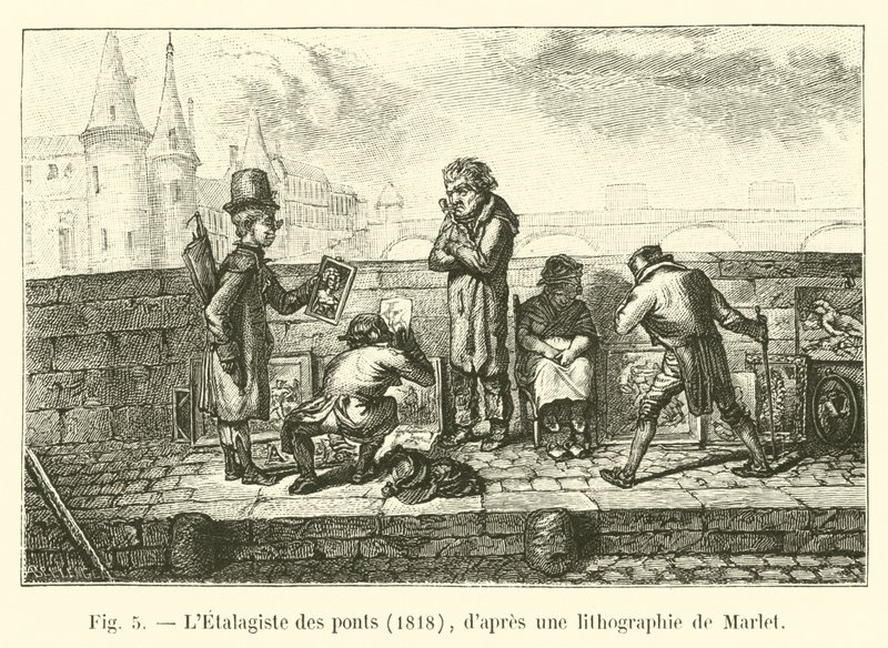 El vendedor ambulante de los puentes, 1818, según una litografía de Marlet de French School
