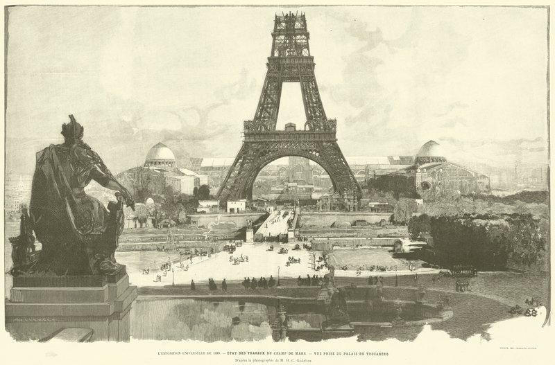 La Exposición Universal de 1889, Estado de los trabajos del Champ de Mars, Vista tomada desde el Palacio del Trocadero, Según la fotografía de M H-C Godefroy de French School