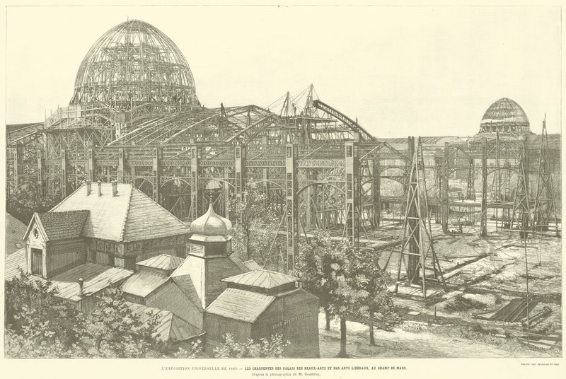 La Exposición Universal de 1889, Las Estructuras de los Palacios de Bellas Artes y Artes Liberales, en el Campo de Marte, Según la fotografía de M Godefroy (grabado) de French School