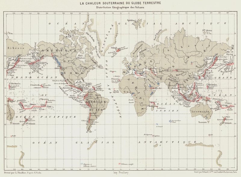 El calor subterráneo de la Tierra, Distribución geográfica de los volcanes (litografía en color) de French School