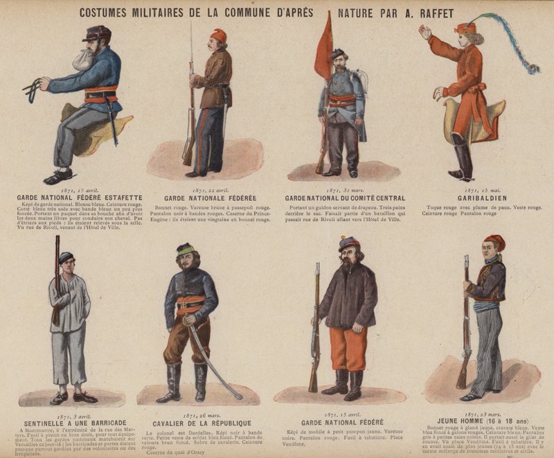 La Comuna de París, Trajes Militares de la Comuna por A Raffet (litografía en color) de French School