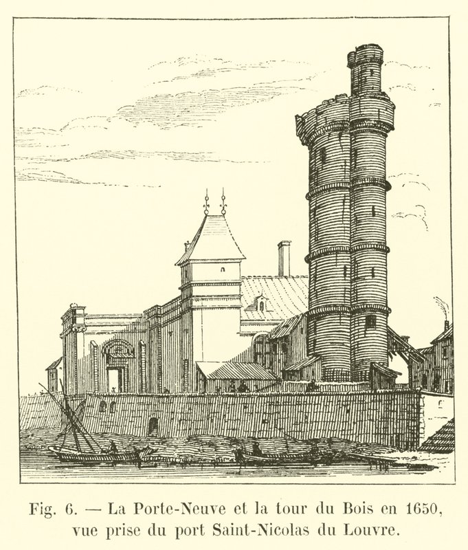 La Porte-Neuve y la torre del Bosque en 1650, vista desde el puerto Saint-Nicolas del Louvre de French School