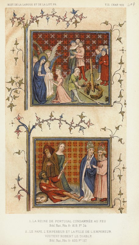 La reina de Portugal condenada a la hoguera, el Papa, el Emperador y la hija del Emperador (litografía en color) de French School
