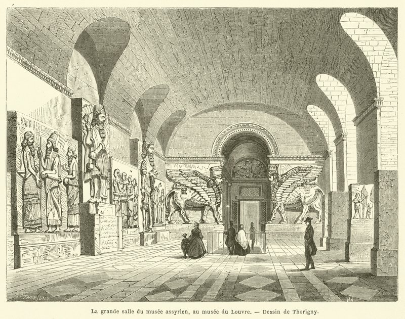 La gran sala del museo asirio, en el museo del Louvre de French School