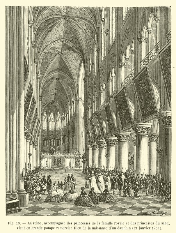 La reina, acompañada de las princesas de la familia real y las princesas de sangre, viene en gran pompa a agradecer a Dios el nacimiento de un delfín, 21 de enero de 1782 de French School